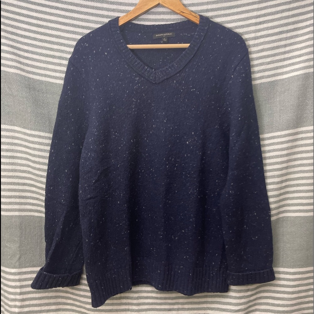 Banana‎ Republic Men’s Navy Marled Cotton V-Neck Sweater Size Large